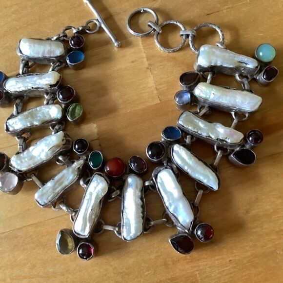 Sterling SILVER 925 MOTHER OF PEARL/MULTICOLOR GEMSTONE GORGEOUS BRACELET - Picture 7 of 8